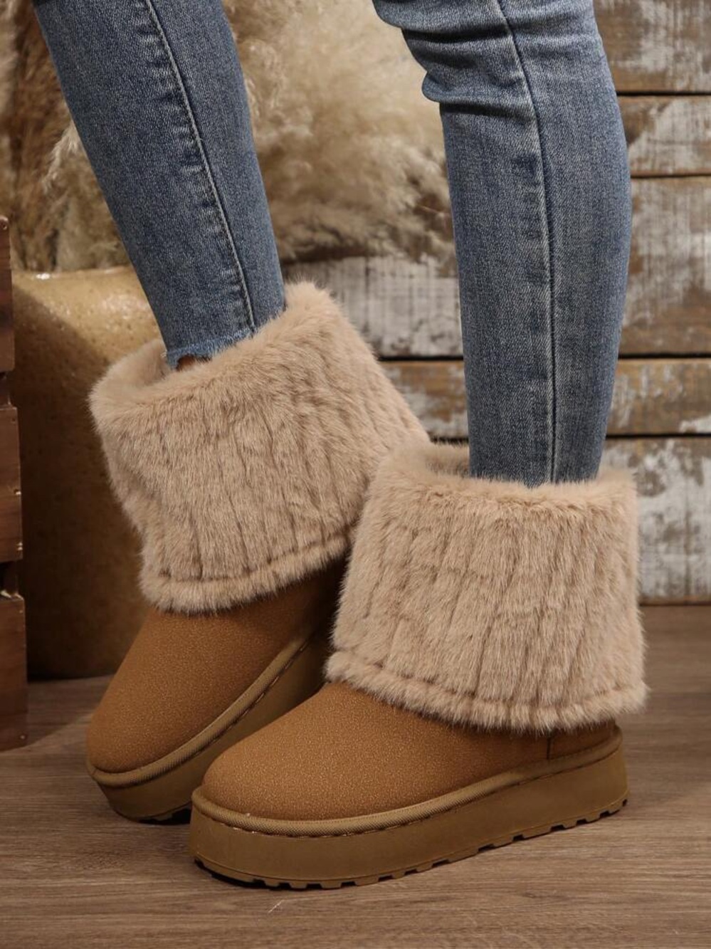 SHEIN Tan Faux Fur Cuff Slip-On Winter Slippers
